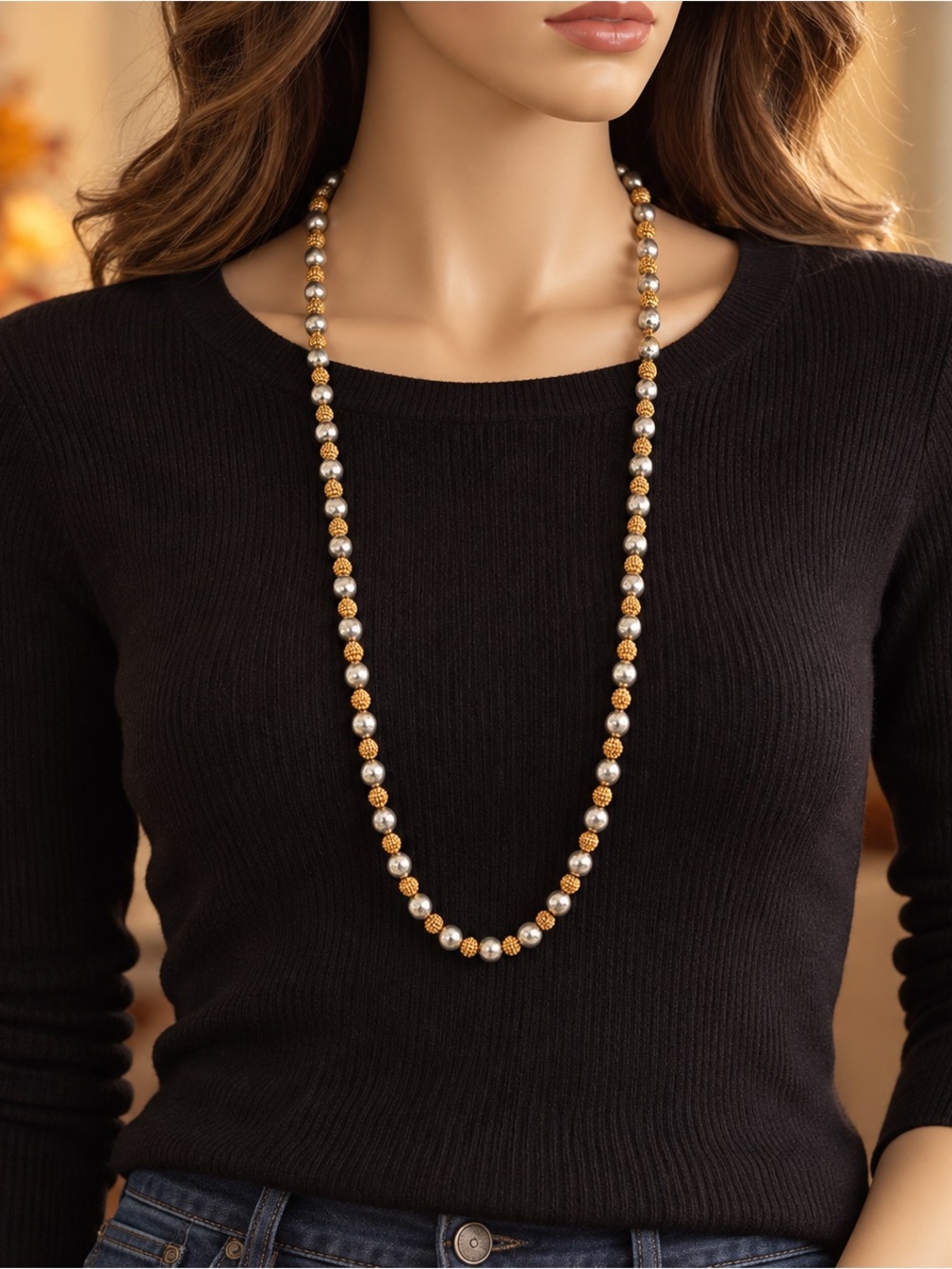 Elegant Gold and Silver Beaded Long Necklace
